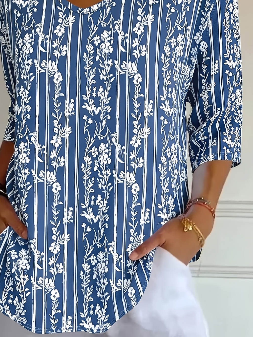 Women's Three Quarter Sleeve T-shirt Spring/Fall Blue Floral Printing V Neck Daily Going Out Casual Top