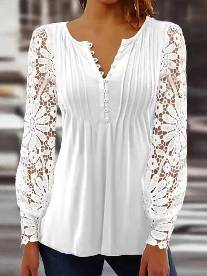 Lace Casual Loose V Neck Jersey Blouse
