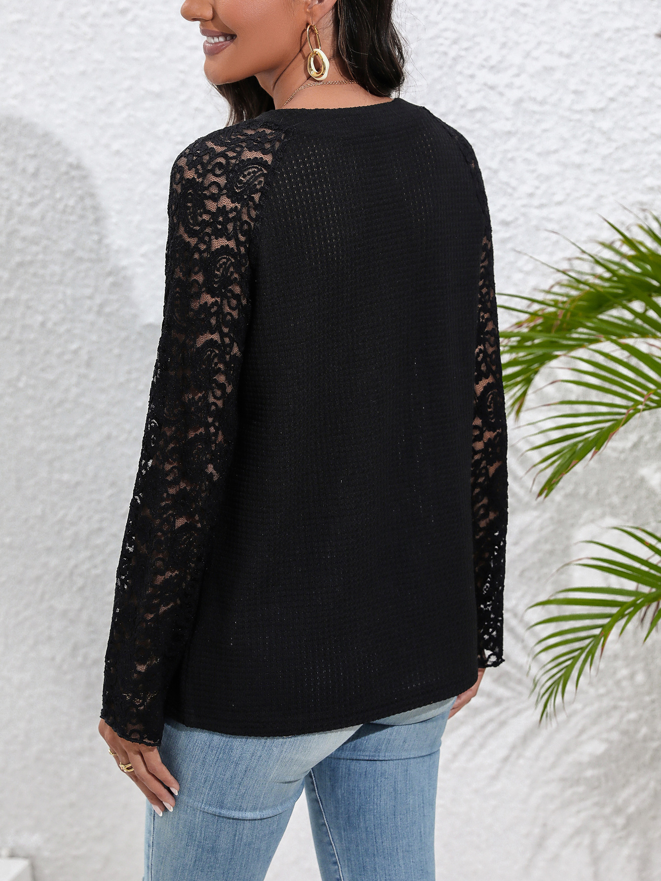 Lace Block Crew Neck Casual Plain Blouse