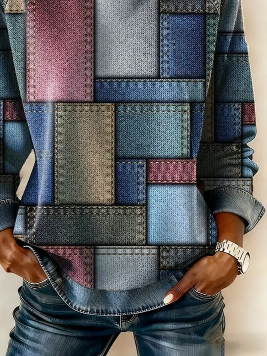 Women's Abstract Print Patchwork Denim Crewneck Long-Sleeved Sweatshirt