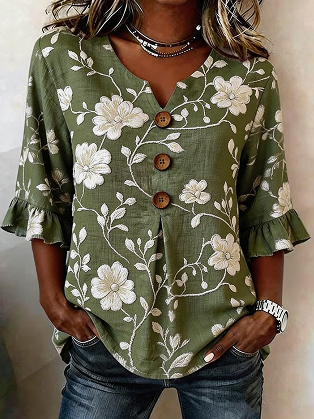 Women's Half Sleeve Blouse Summer Green Floral Printing V Neck Daily Going Out Vintage Top