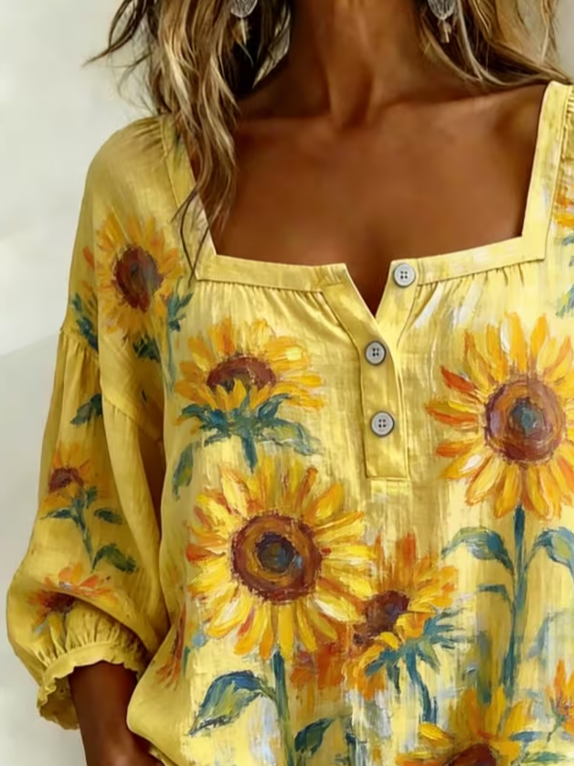 Women's Three Quarter Sleeve Blouse Spring/Fall Yellow Floral Printing Square Neck Daily Going Out Vintage Top