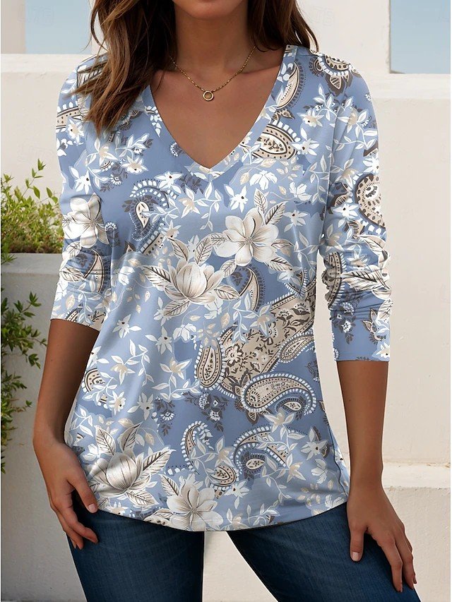 Regular Fit Casual Paisley V Neck T-Shirt