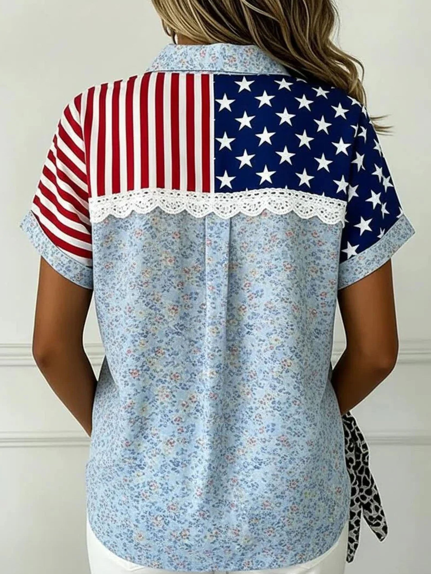 Elegant America Flag Loose Floral Shawl Collar Short Sleeve Going Out Casual Shirt Independence Day