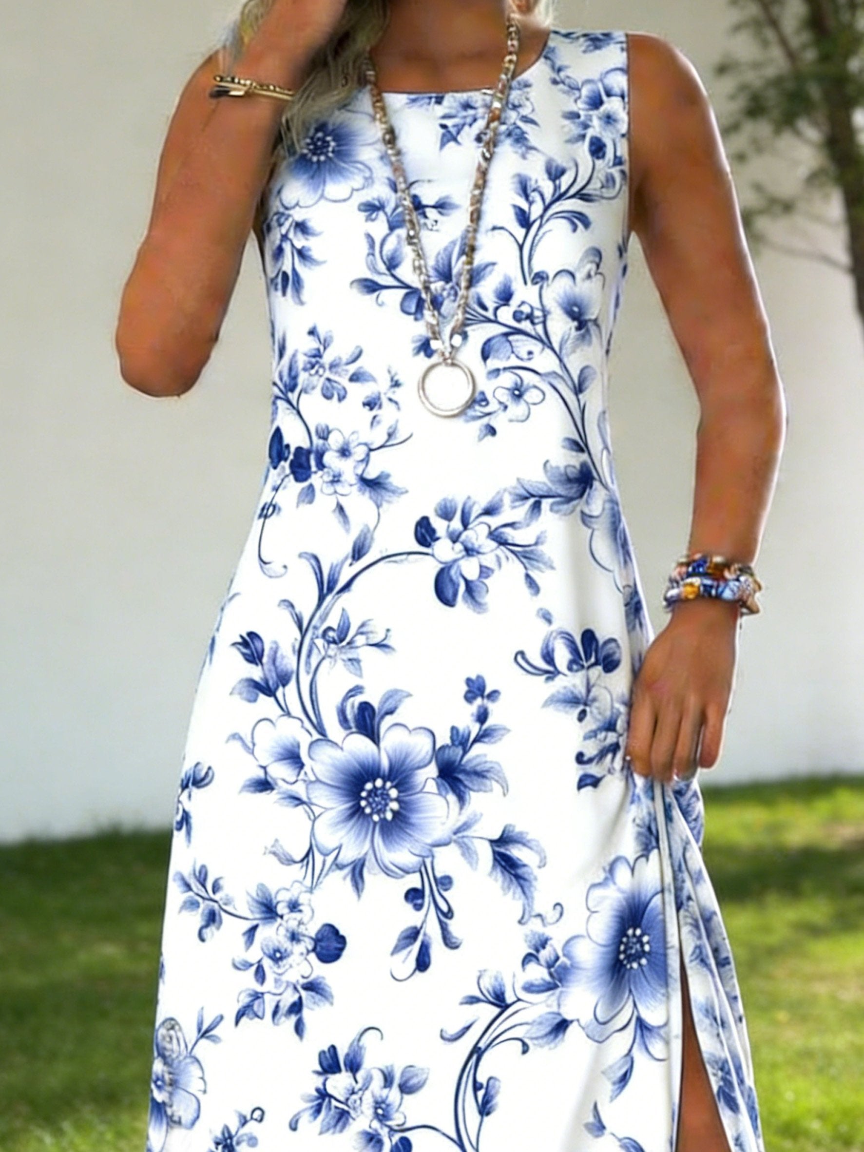 Floral Print Sleeveless Crew Neck Cotton Casual Dress
