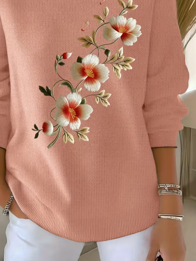 Floral Printing Crew Neck Simple Sweater