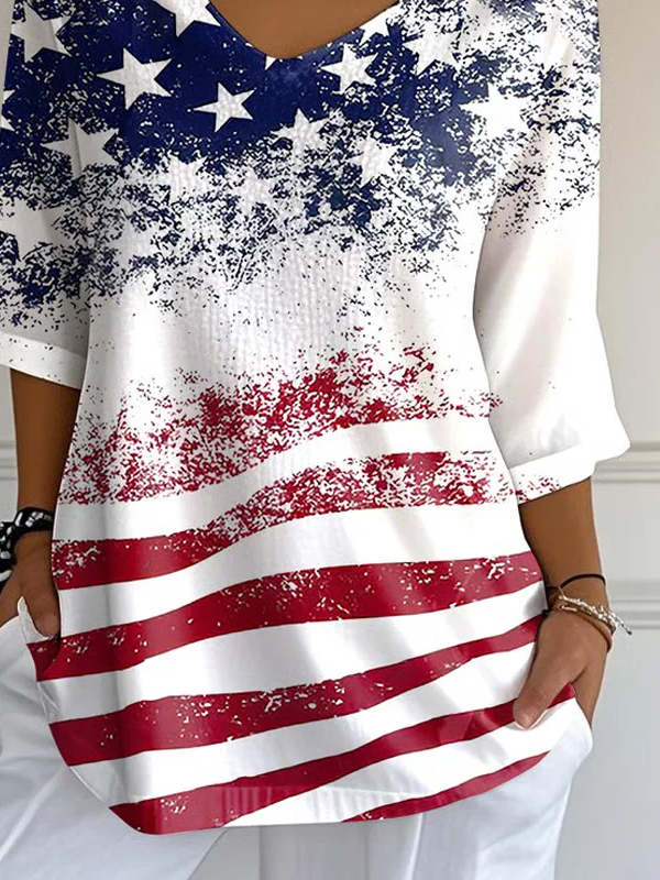 Women's Three Quarter Sleeve T-shirt Spring/Fall White America Flag Printing V Neck Daily Going Out Casual Top