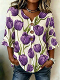 Women's Floral Half Ruffle Sleeve Blouse Summer V Neck Button Daily Going Out Vintage Top