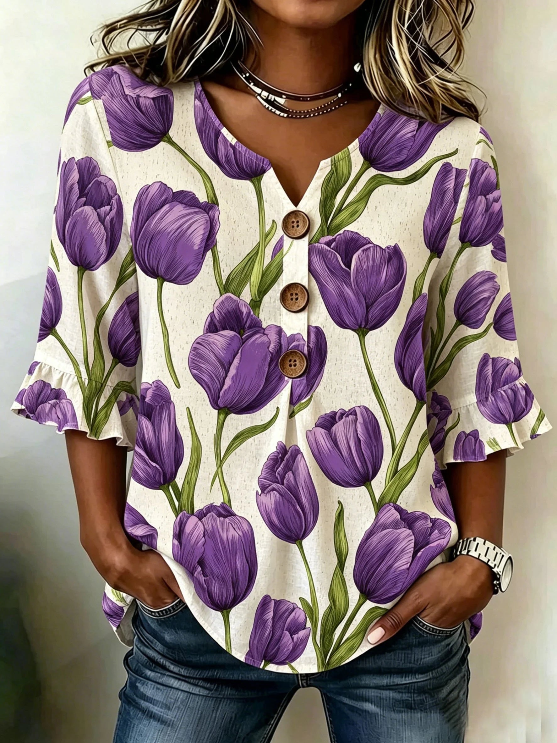 Women's Floral Half Ruffle Sleeve Blouse Summer V Neck Button Daily Going Out Vintage Top