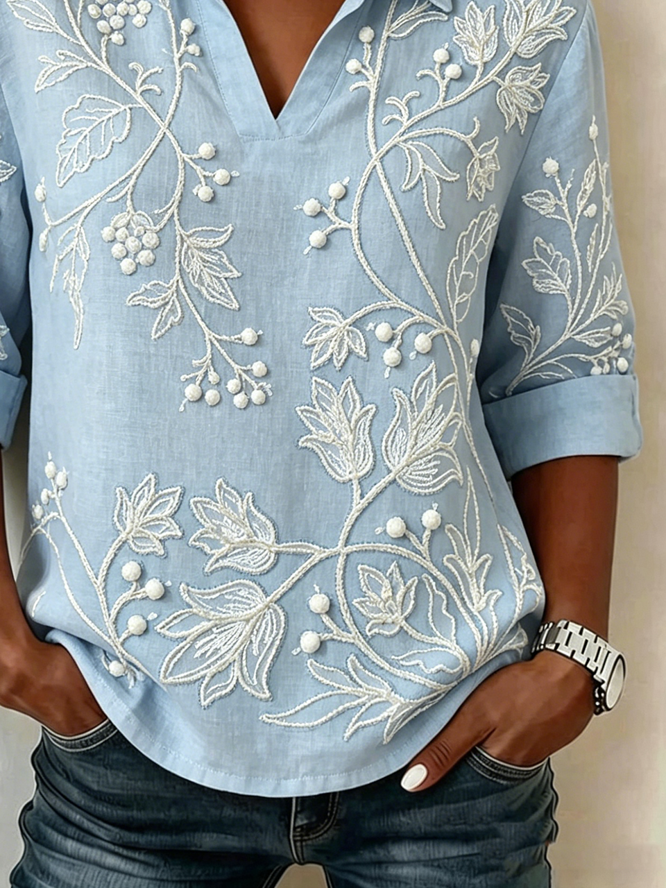 Floral Loose Vintage Shawl Collar Shirt