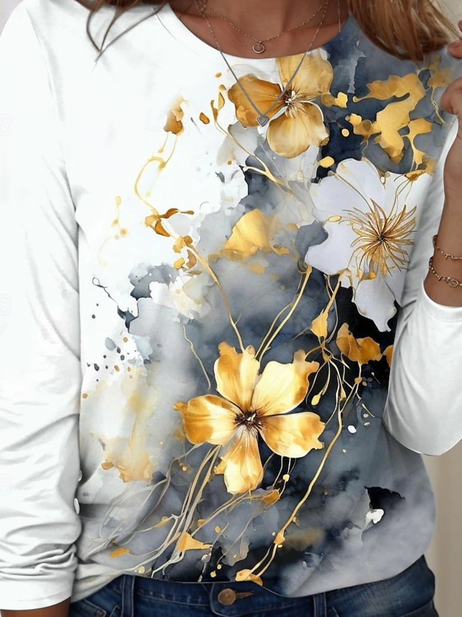 Women's Artistic Floral Pattern Crew Neck Long Sleeve Tee