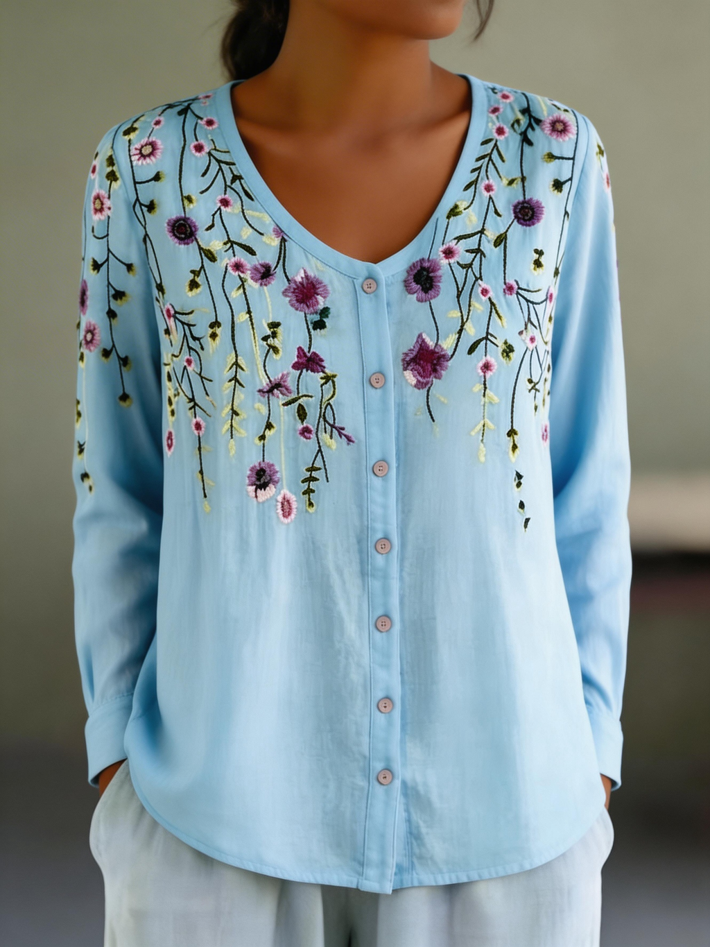 Women’s 3D Floral Print Button-Up Long Sleeve blouse