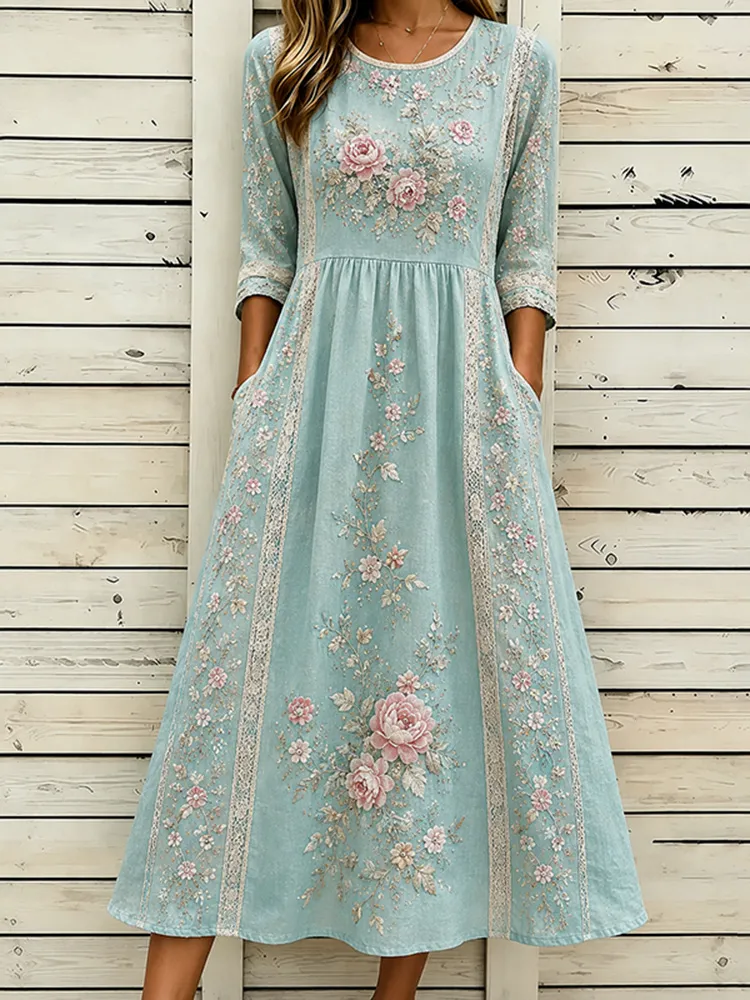 Women's Half Sleeve Summer Blue Floral Printing Crew Neck Daily Going Out Casual Maxi H-Line Dress