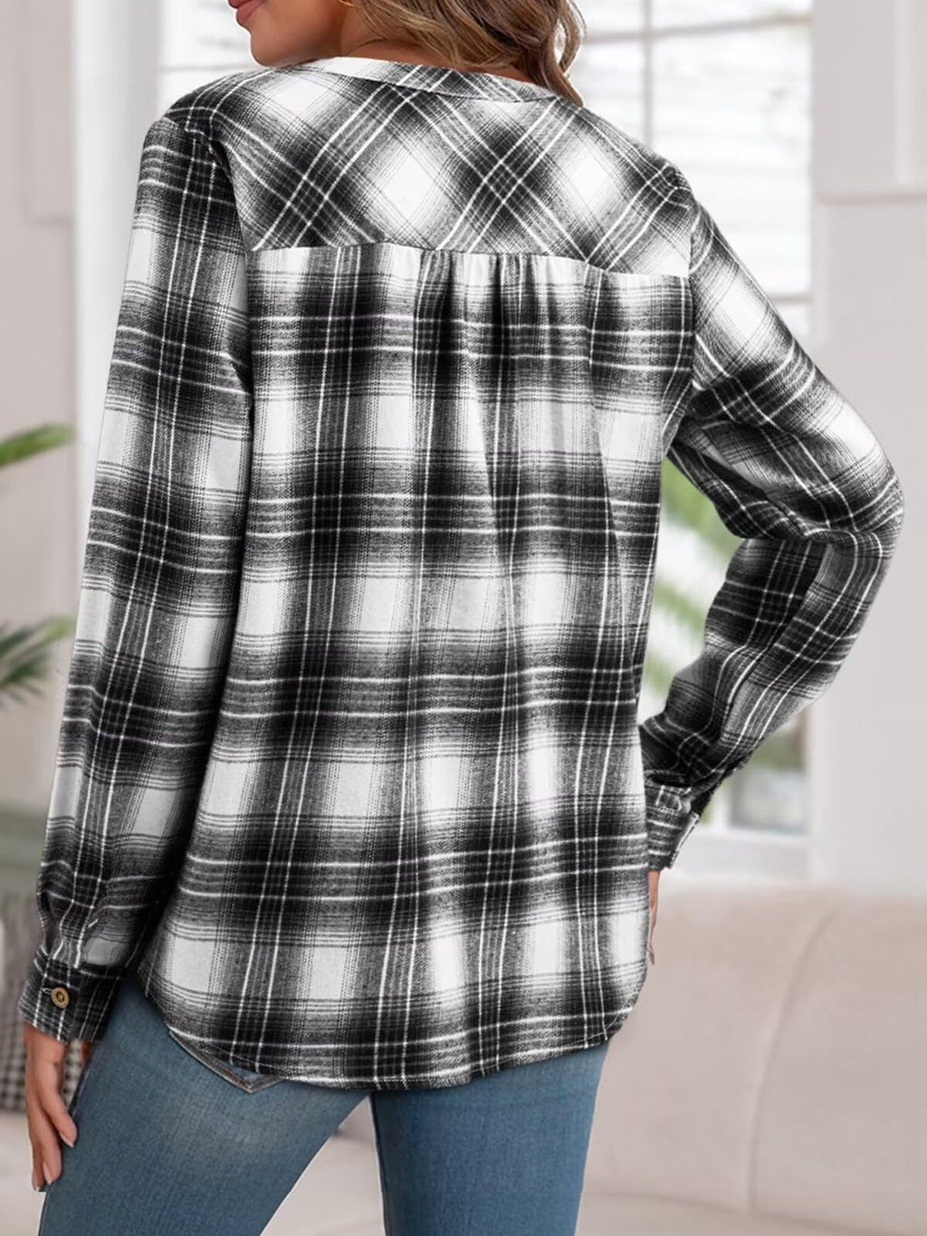Women's Long Sleeve Shirt Spring/Fall Blue Plaid Split Joint V Neck Daily Going Out Casual Top