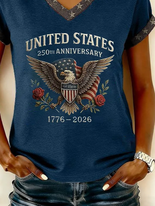 Women's Short Sleeve T-shirt Summer Purplish Blue America Flag Printing V Neck Holiday Going Out Vintage Top
