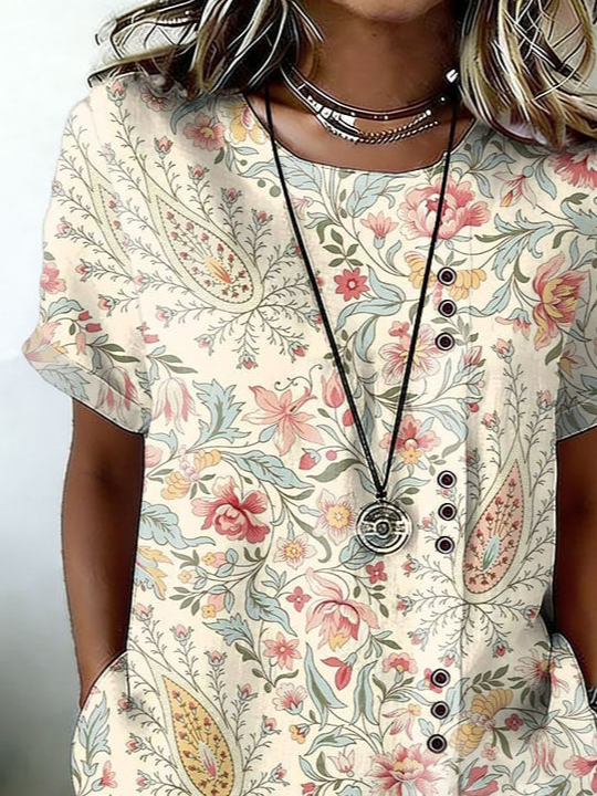 Crew Neck Vintage Linen Blend Shirt
