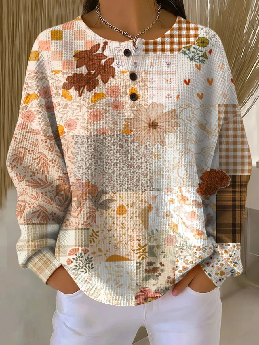 Women's Flowers Print Button-Up Casual Waffle Knit Sweatshirt