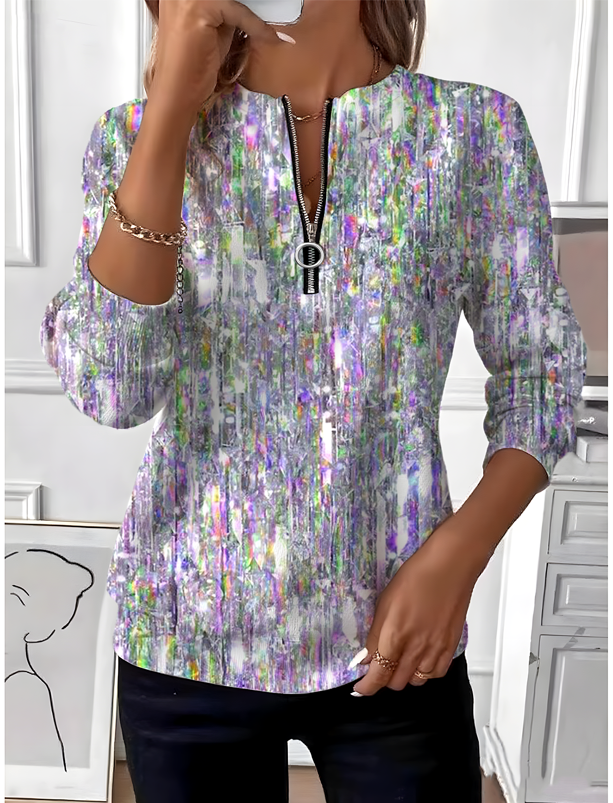 Women's Geometric Gradient Long Sleeve Center Front Zip Casual Sweatshirt Regular Top