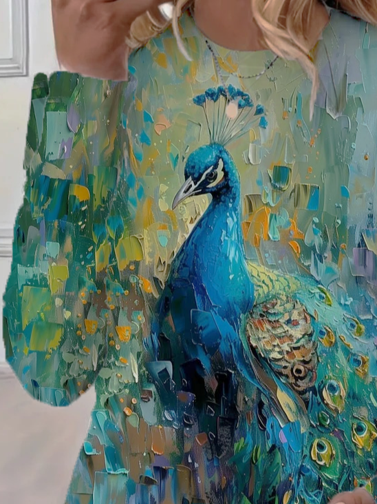 Women's Peacock Print Casual Round Neck Long Sleeve T-Shirt