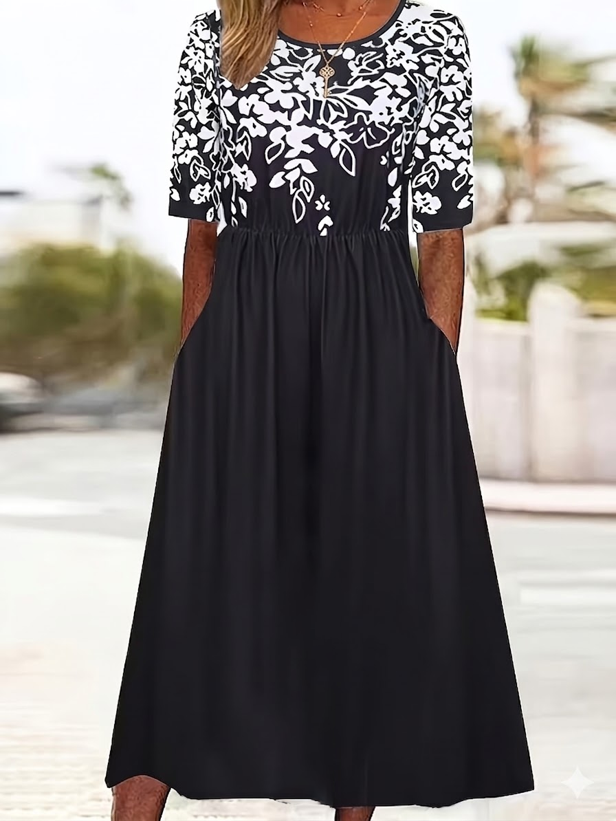 Women's Short Sleeve Summer Black Floral Printing Crew Neck Daily Going Out Casual Maxi H-Line Shift Dress Dress