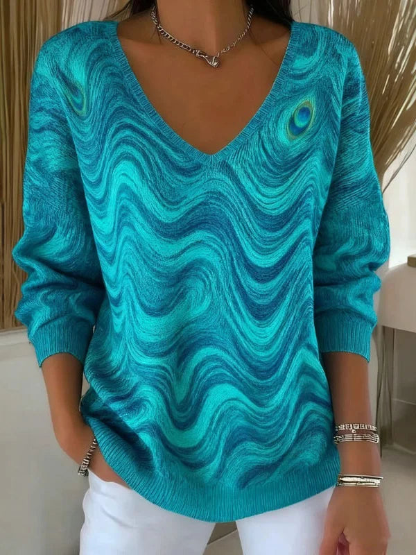 Women's Long Sleeve T-shirt Spring/Fall Cyan Abstract Printing V Neck Daily Going Out Casual Top