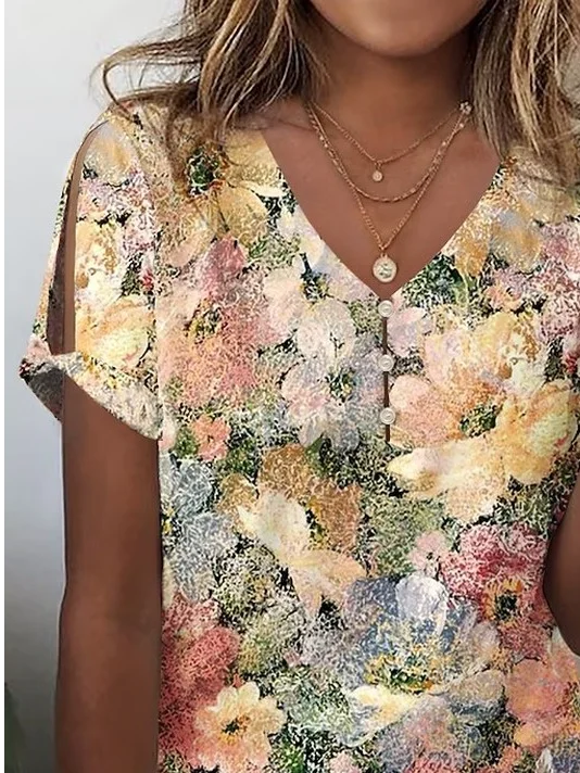 Print Casual V Neck Short Sleeve T-Shirt