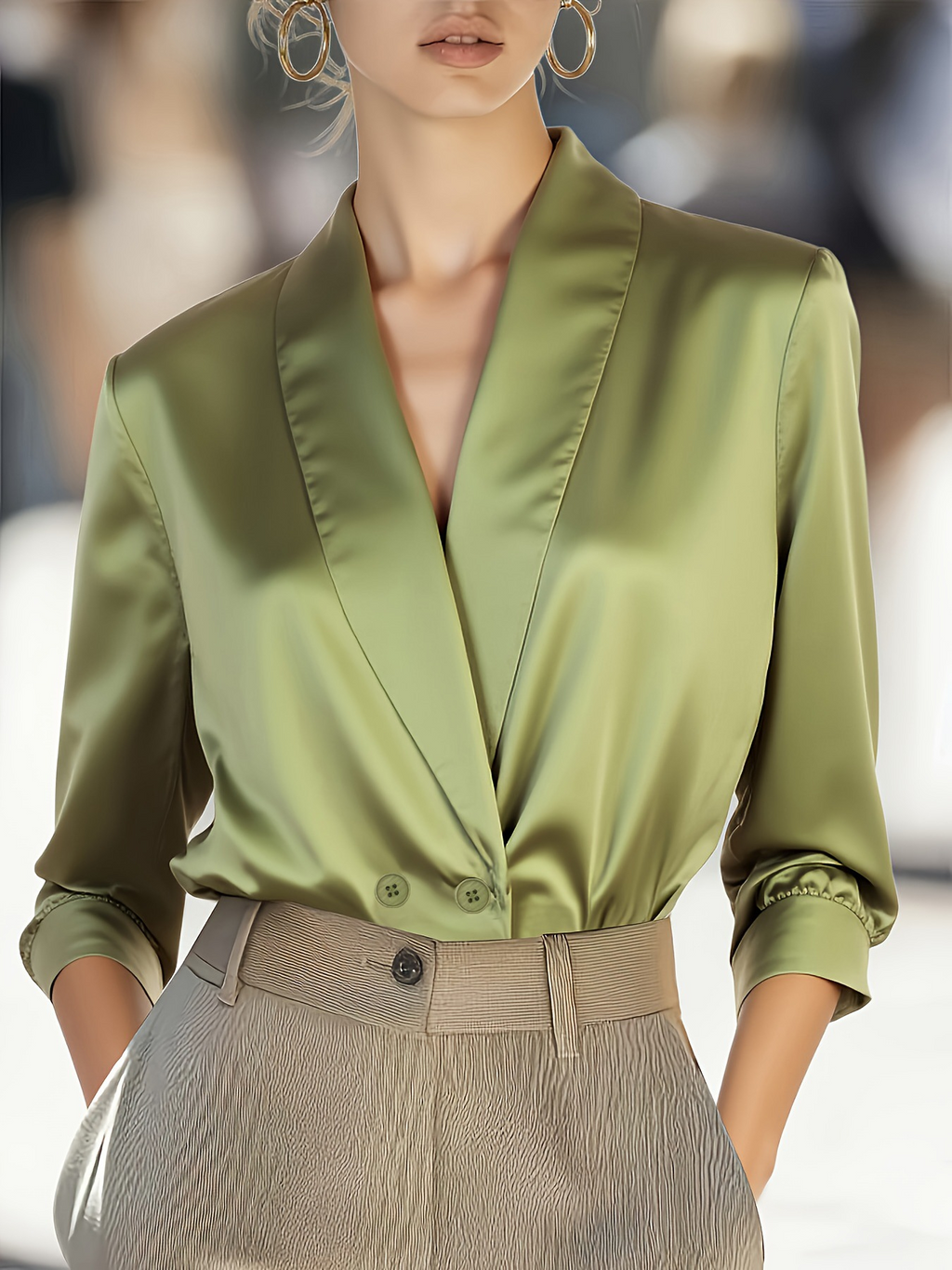 Women's Elegant Satin Long Sleeve V Neck Double-row Button Shirt