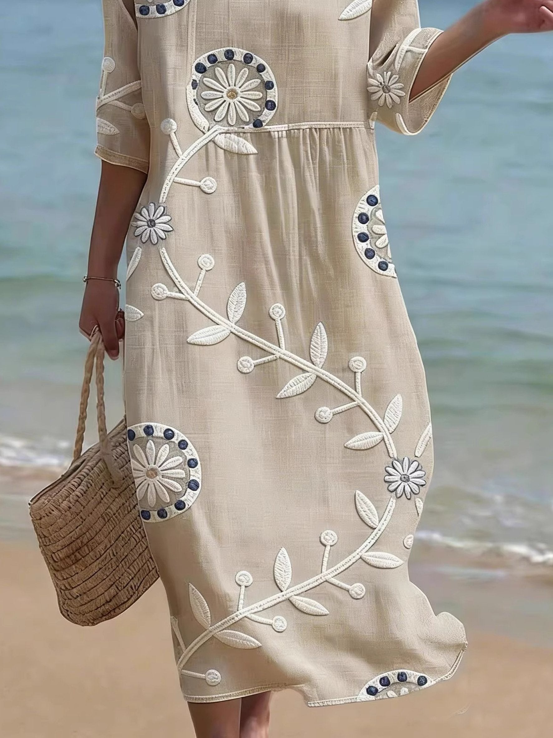 Vintage Floral Round Neck 3D Printing Casual Dress