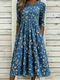 Women's Half Sleeve Summer Blue Floral Printing Crew Neck Daily Going Out Casual Maxi H-Line Dress