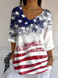 Women's Three Quarter Sleeve T-shirt Spring/Fall White America Flag Printing V Neck Daily Going Out Casual Top