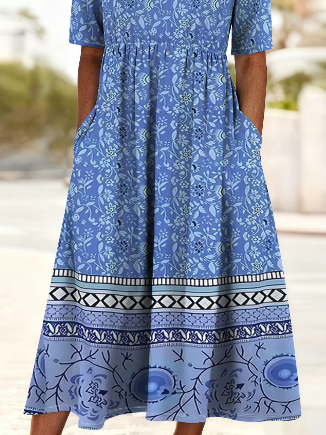 Women's Short Sleeve Summer Blue Floral Printing Crew Neck Daily Going Out Casual Maxi H-Line Shift Dress Dress