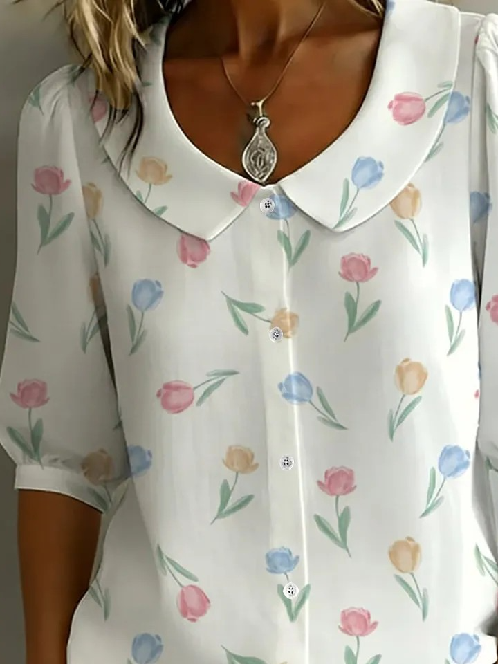 Elegant Loose Floral Shawl Collar Shirt