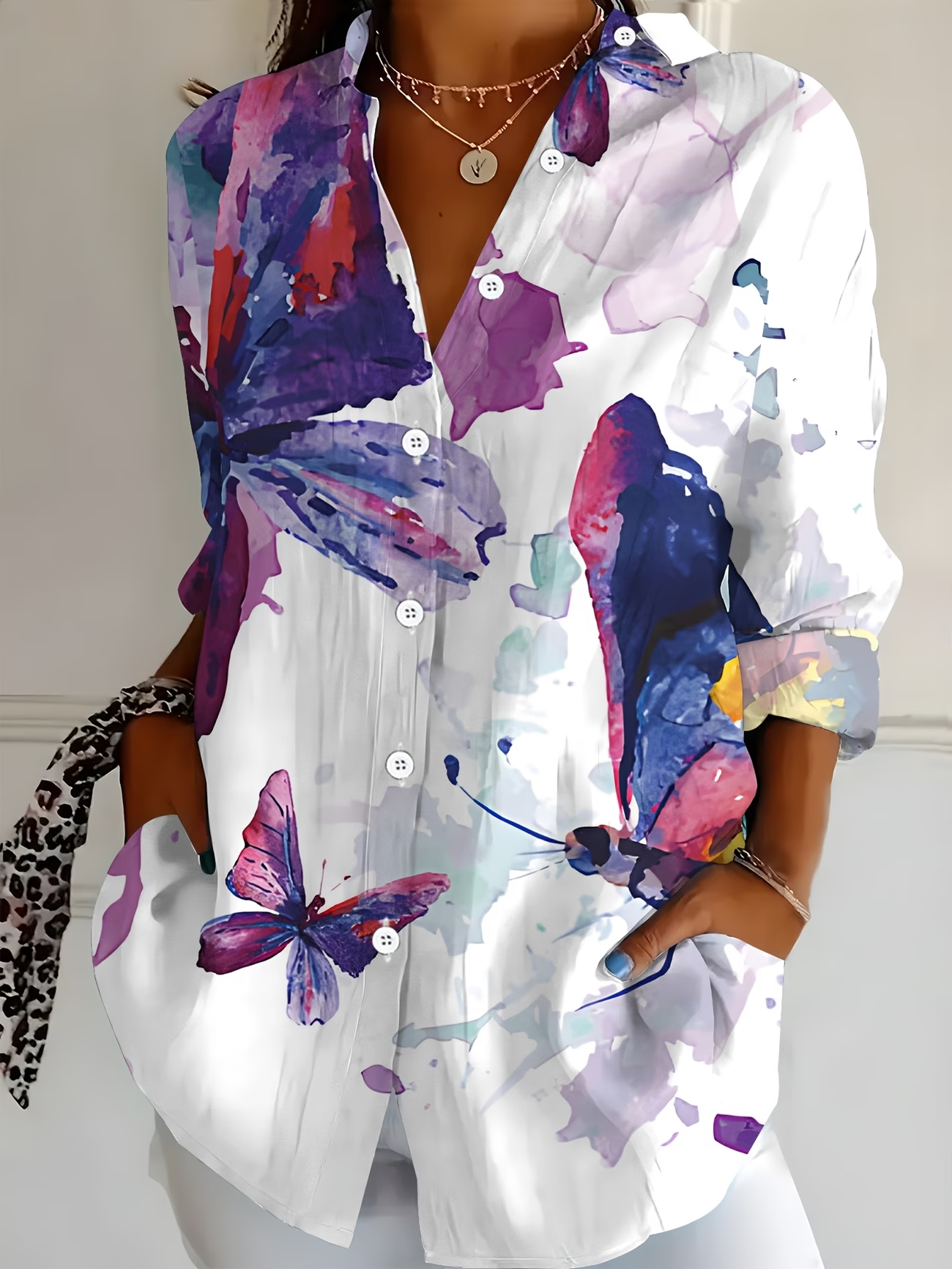 Women's Long Sleeve Shirt Spring/Fall White Butterfly Buckle Shirt Collar Regular Sleeve Daily Going Out Casual Top