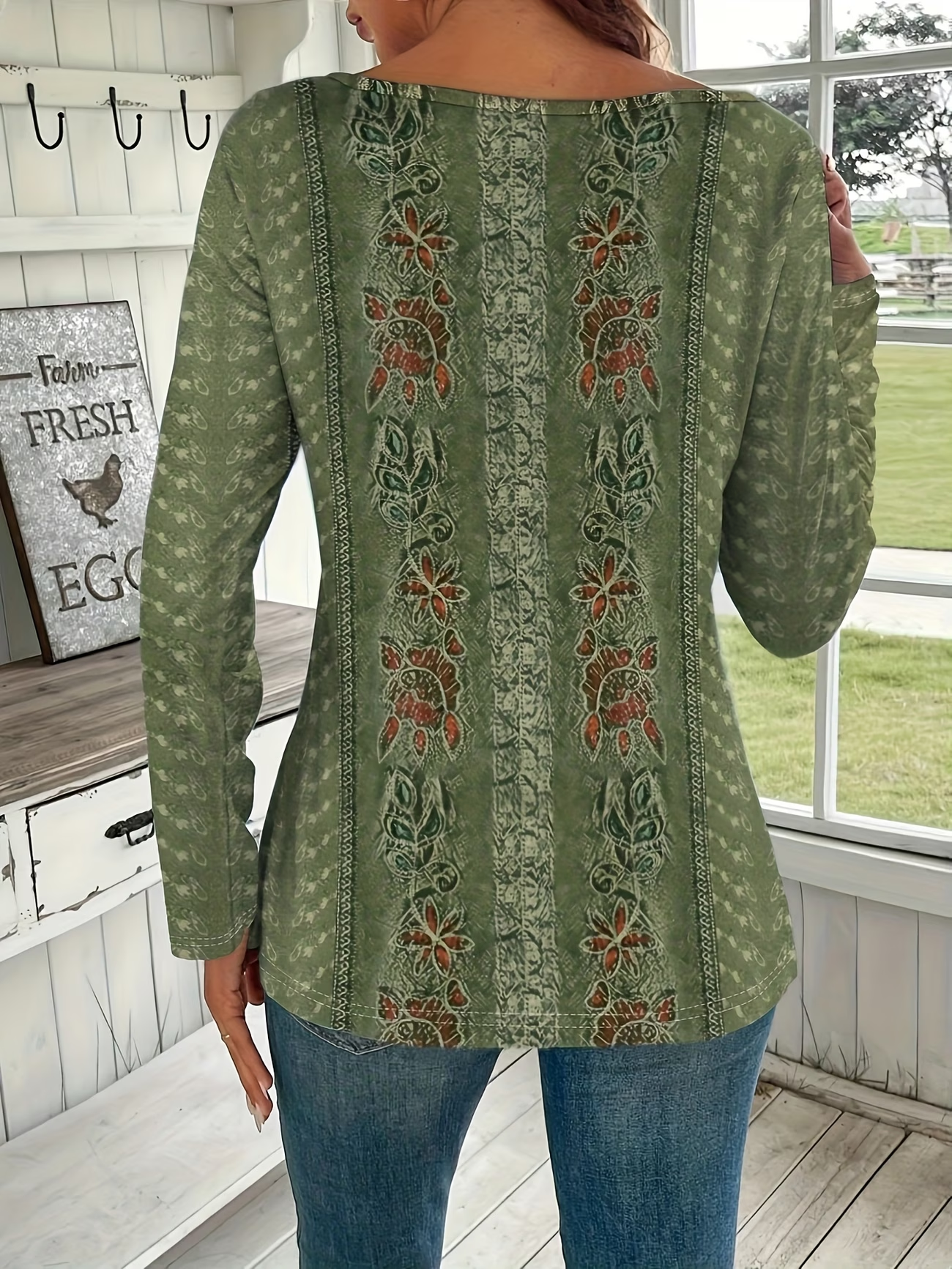 Women's Long Sleeve T-shirt Spring/Fall Green Abstract Printing Crew Neck Daily Going Out Casual Top