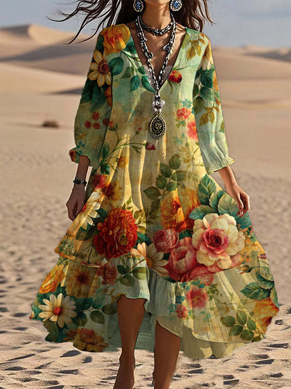 Others Vintage Floral Loose Dress With No