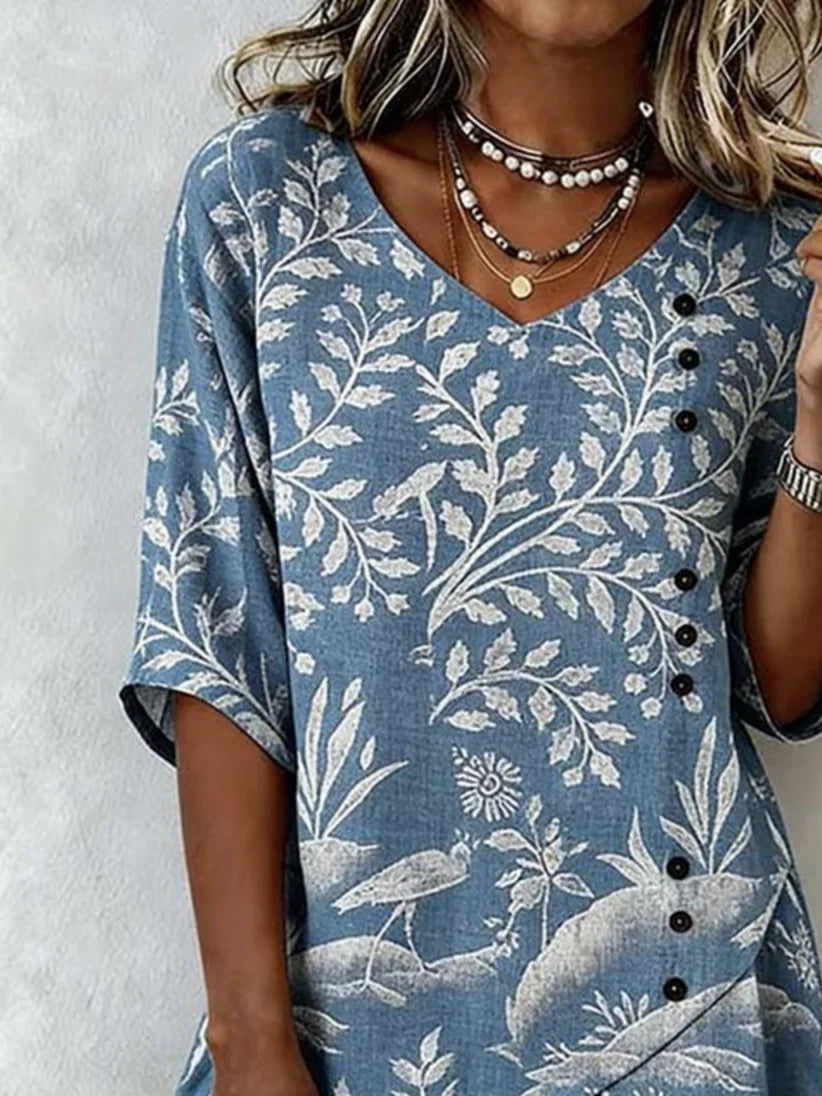 Vintage Cotton And Linen Botanical Pattern Shirt