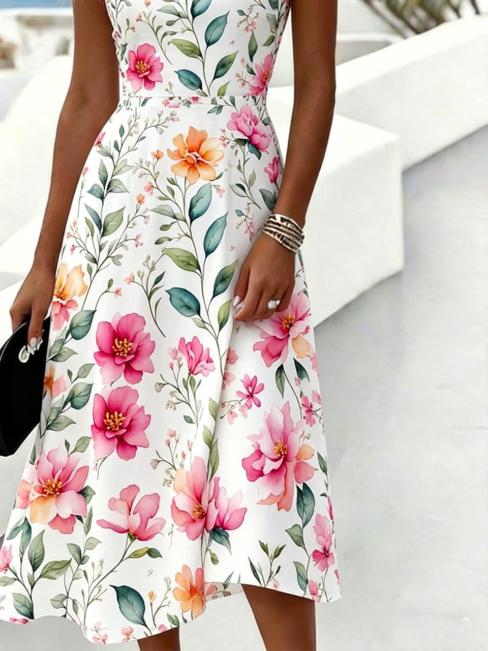 Floral Crew Neck Vacation Regular Fit Dress With No