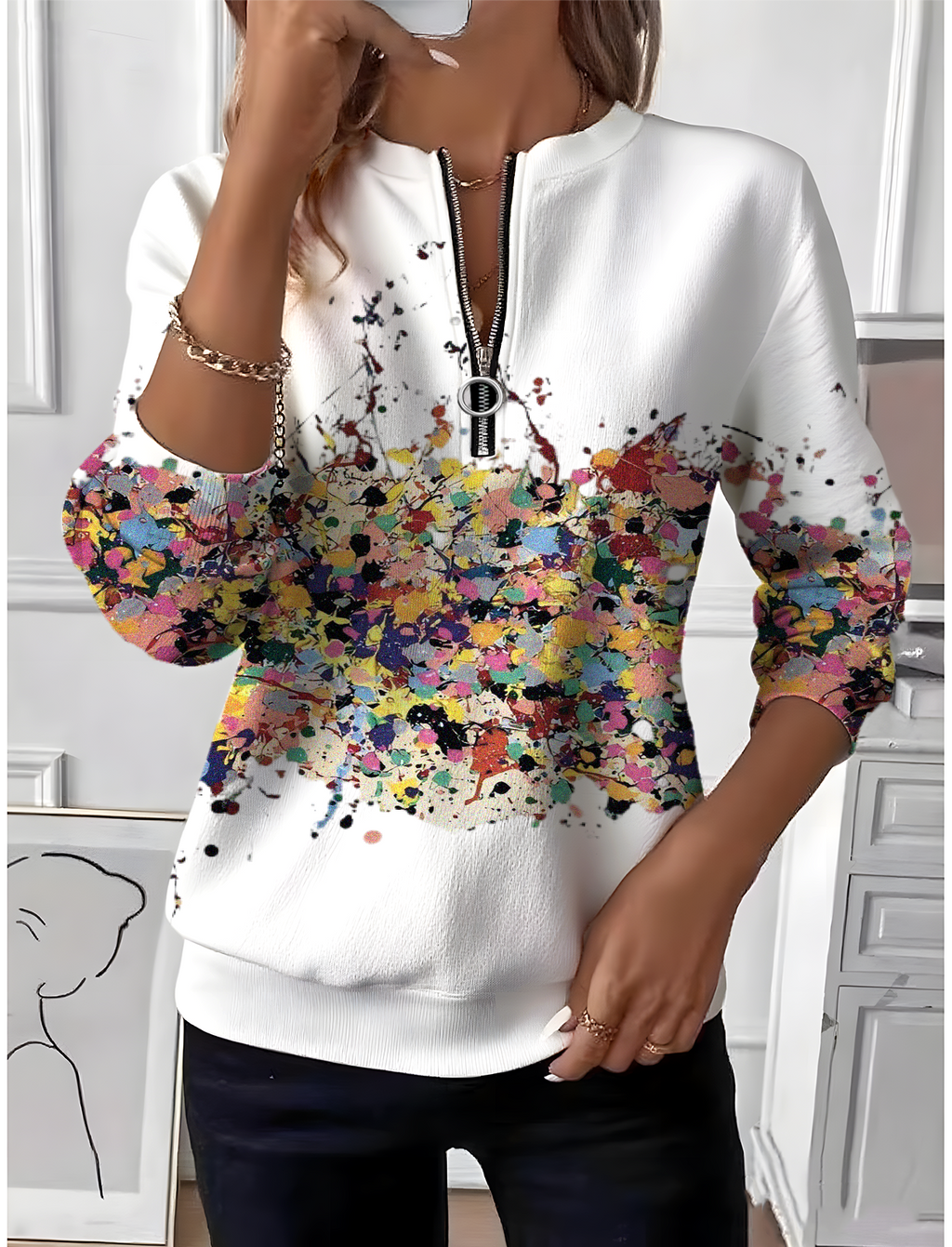 Women's Artistic Gradient Graphic Long Sleeve Center Front Zip Casual Sweatshirt Regular Top