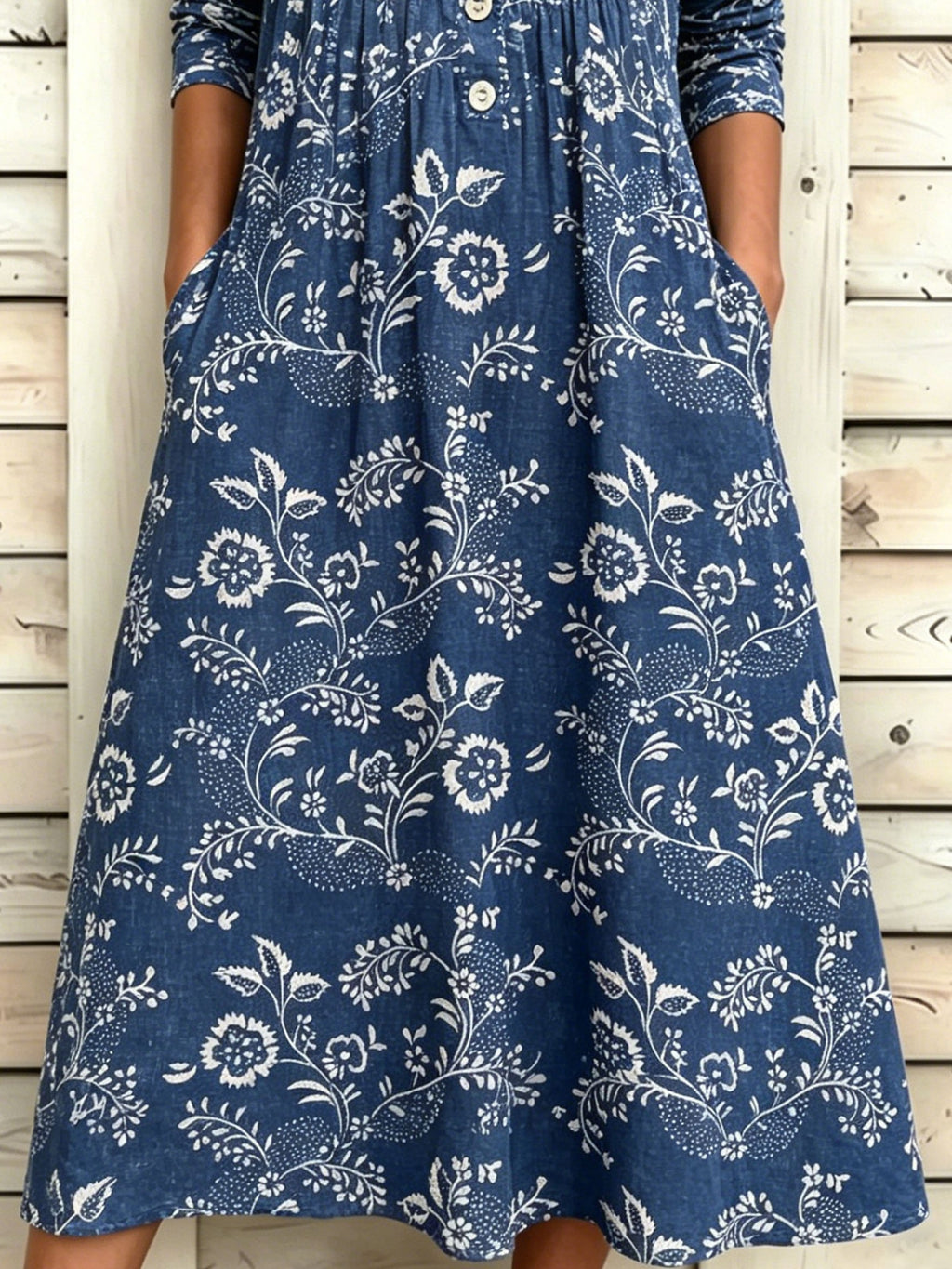 Denim Blue Floral Print Half Sleeve Round Neck Button A-Line Vintage Casual Dress