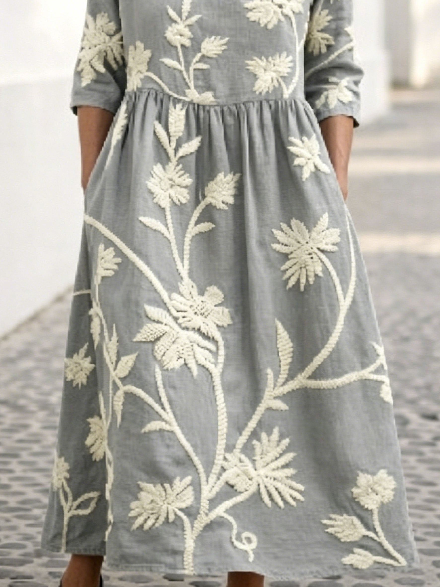 Women's As Picture 3D Printing Floral Printed Casual Crew Neck Cotton-Blend Casual Midi Dress