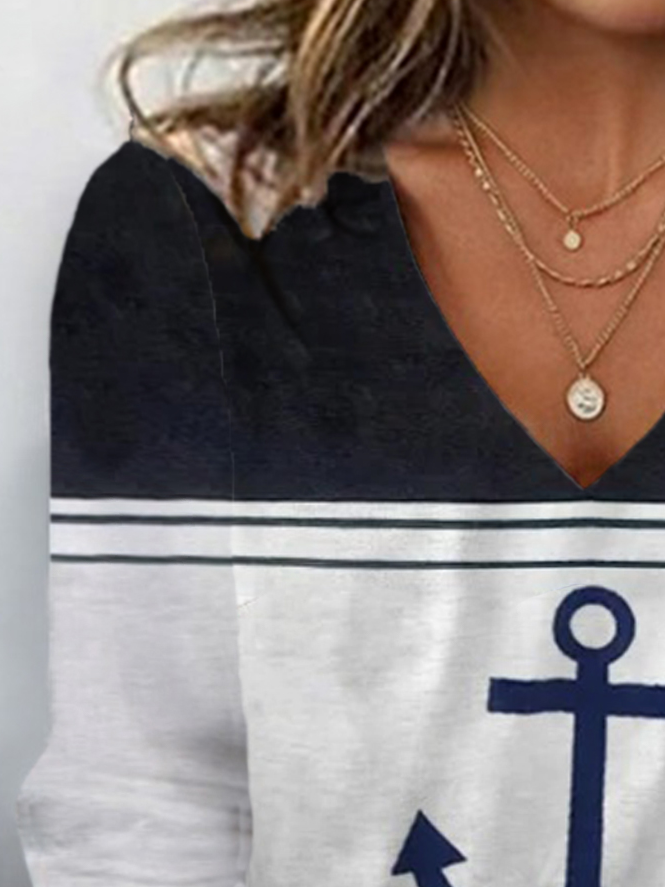 Anchor Print Long Sleeve V-Neck T-shirt