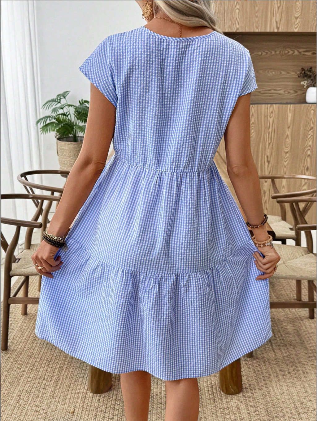 Plaid Round Nck Short Sleeve Slim Waist Summer Casual Dress