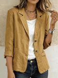 Cotton Linen Long Sleeve Lable Collar Button Pocket Casual Blazer