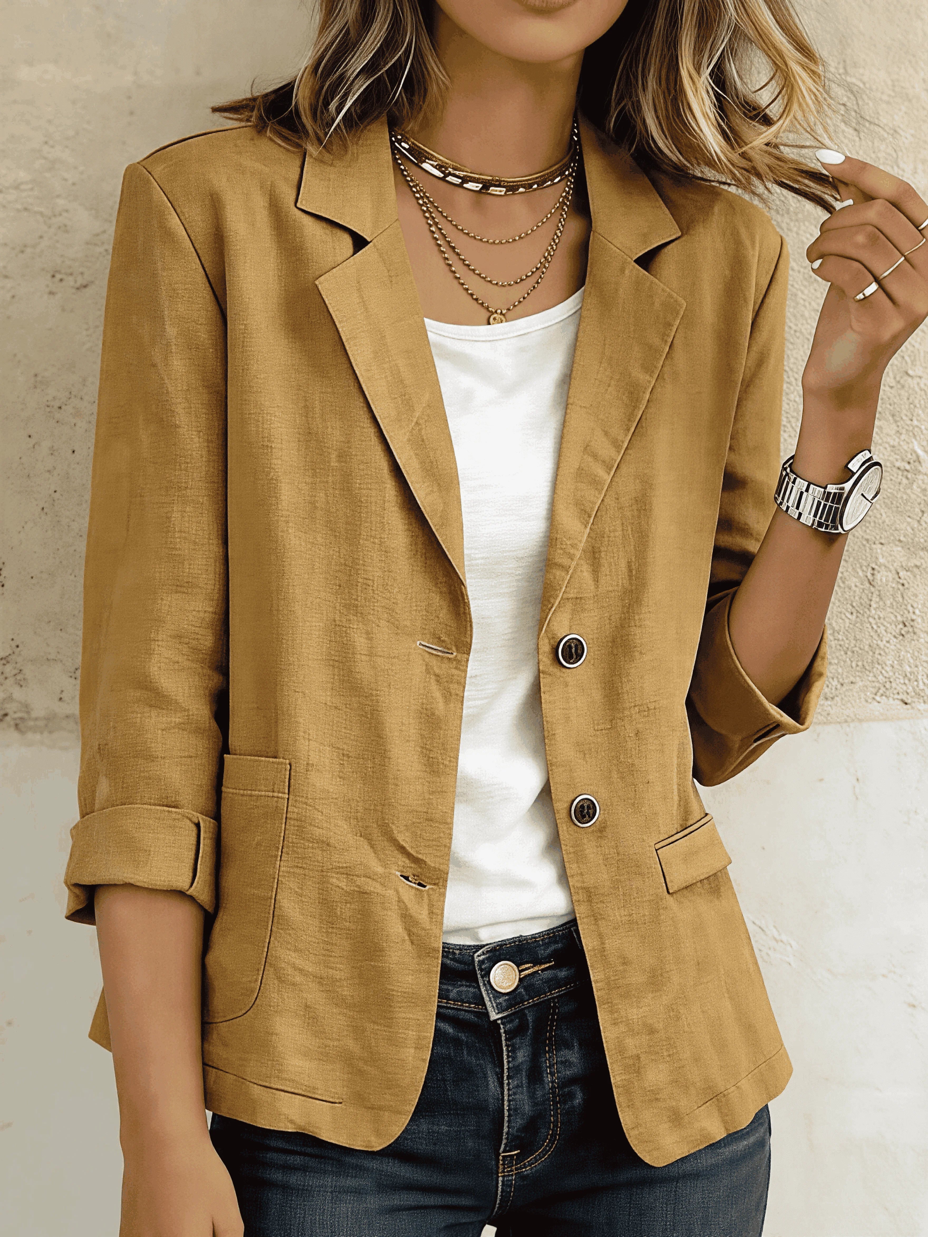 Cotton Linen Long Sleeve Lable Collar Button Pocket Casual Blazer