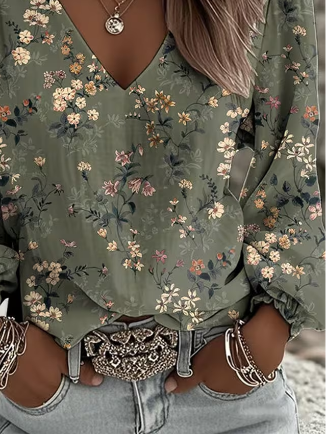 Women's Long Sleeve Blouse Spring/Fall Green Floral Printing V Neck Daily Going Out Casual Top