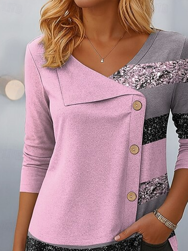 Women's Long Sleeve T-shirt Spring/Fall Pink Abstract Stripes Printing V Neck Daily Going Out Casual Top