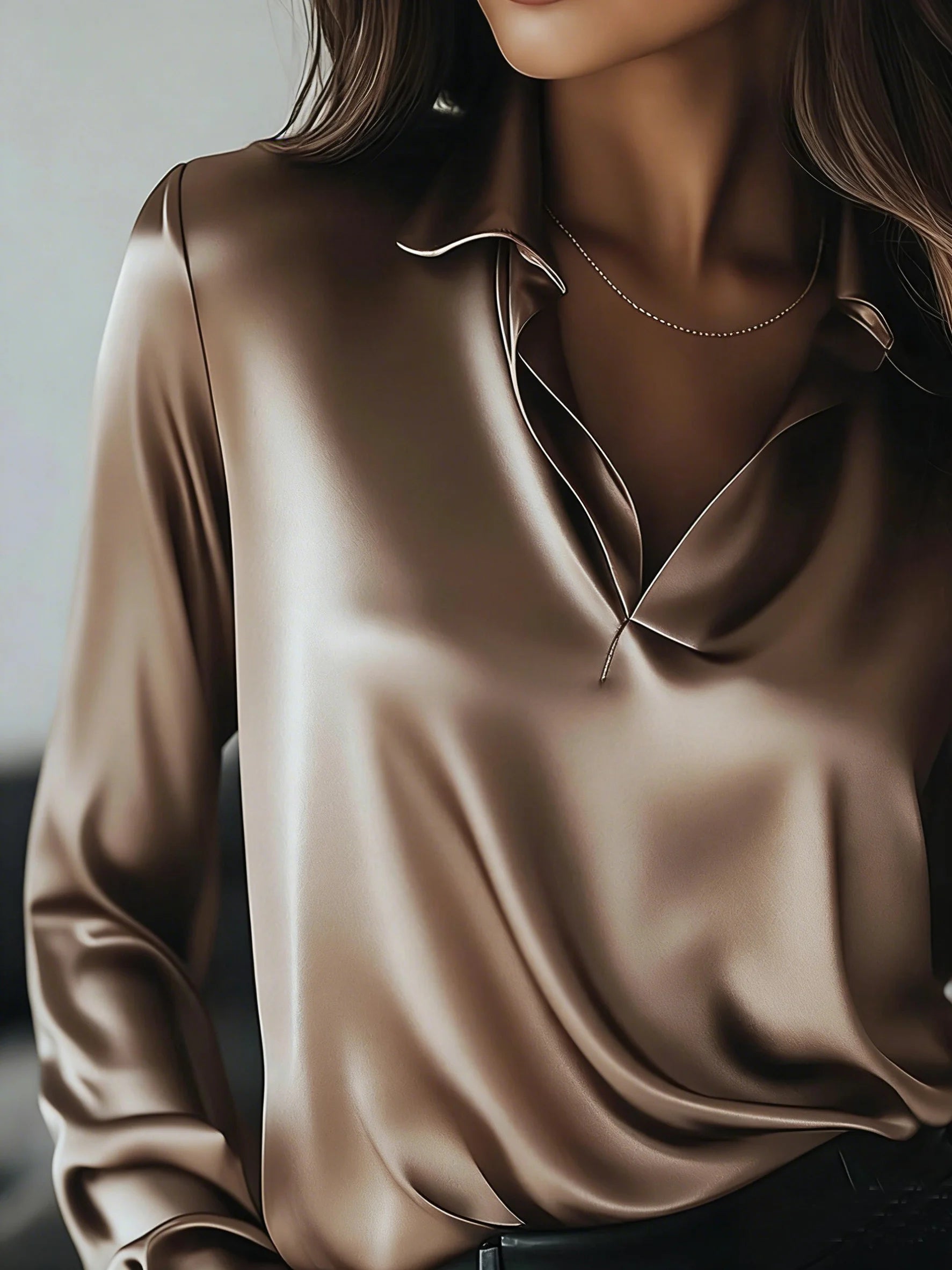 Satin Plain Long Sleeve V-Neck Elegant Regular Fit Casual Shirt
