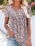 Casual Crew Neck Short Sleeve Button Floral Pattern Loose Going Out Casual Blouse