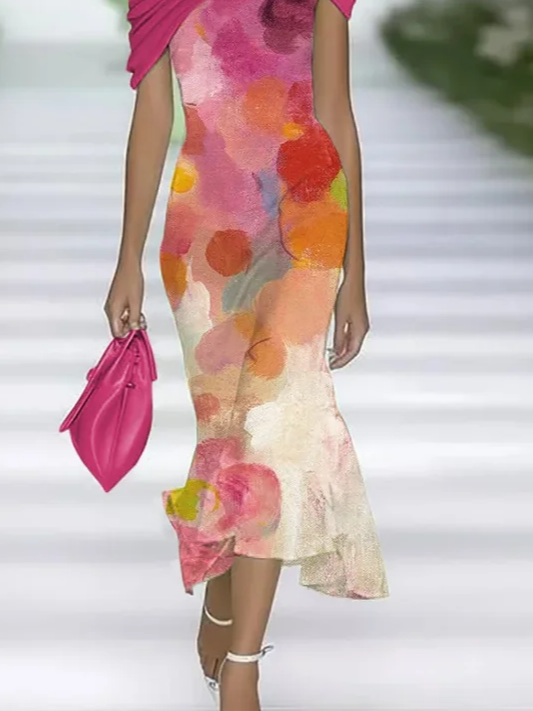 Women's Cap Sleeve Summer Pink Abstract Printing Cold Shoulder Daily Going Out Vintage Maxi H-Line Dress