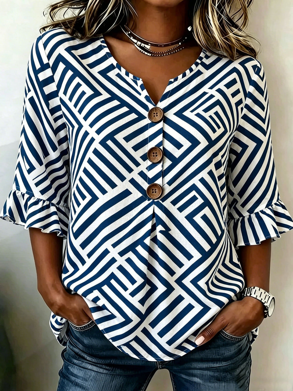 Women's Graphic Print Half Sleeve Ruffle Cuff Blouse Summer V Neck Button Daily Going Out Vintage Top